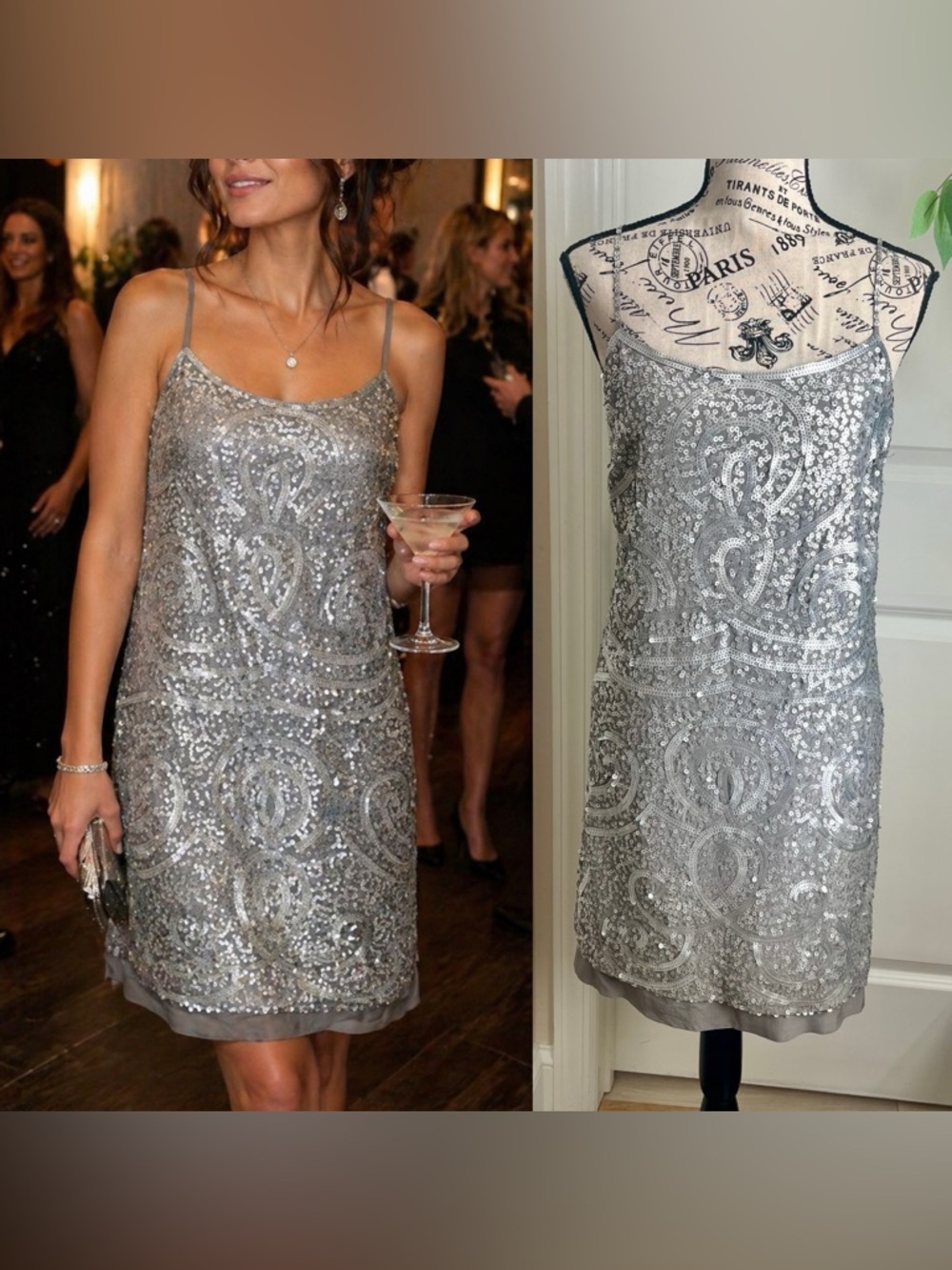 BCBGMaxAzria Y2K Sequin Silk Slip Cocktail Dress Silver Sz 6